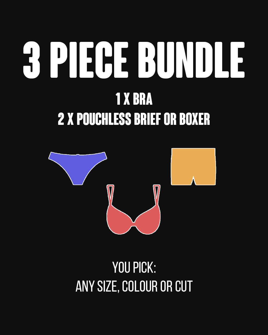 3 Piece Bundle - Womens (Pouchless Underwear x 2, Bra x 1)