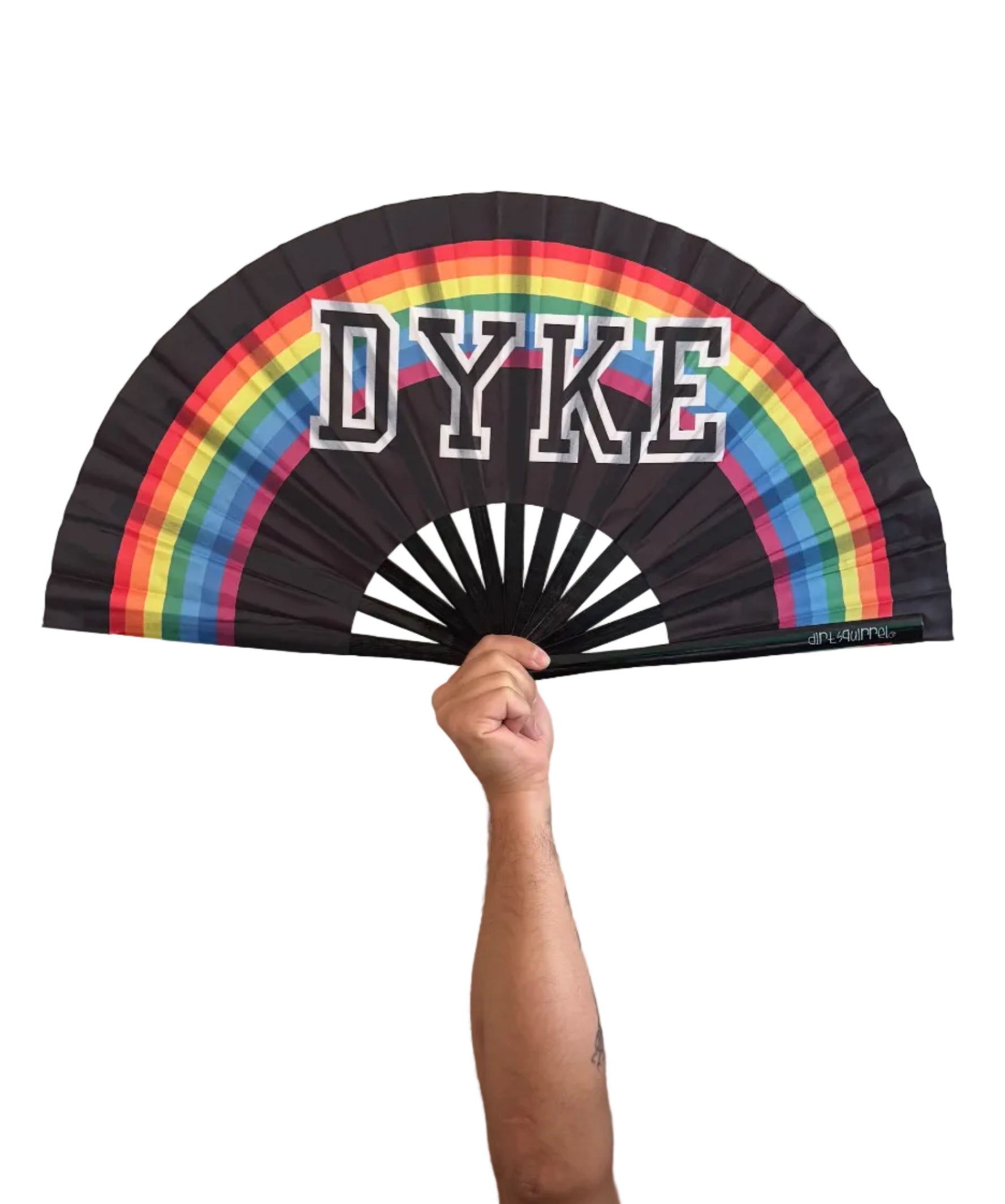 A black folding hand fan with a rainbow graphic and the word 'DYKE' in white block letters