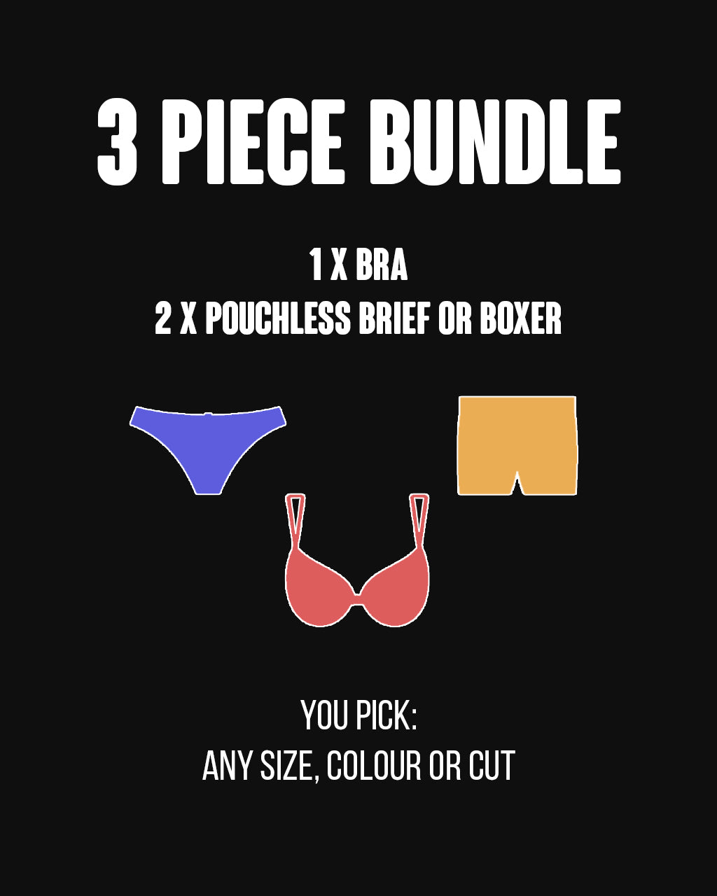 3 Piece Bundle - Womens (Pouchless Underwear x 2, Bra x 1)